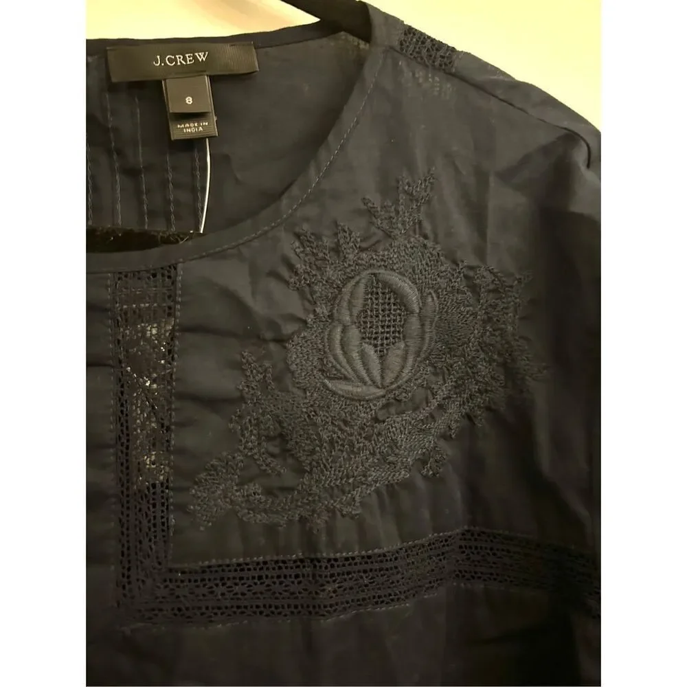 NWT J. Crew Embroidered Blouse Cotton S Navy Peasant Boho Minimalist
